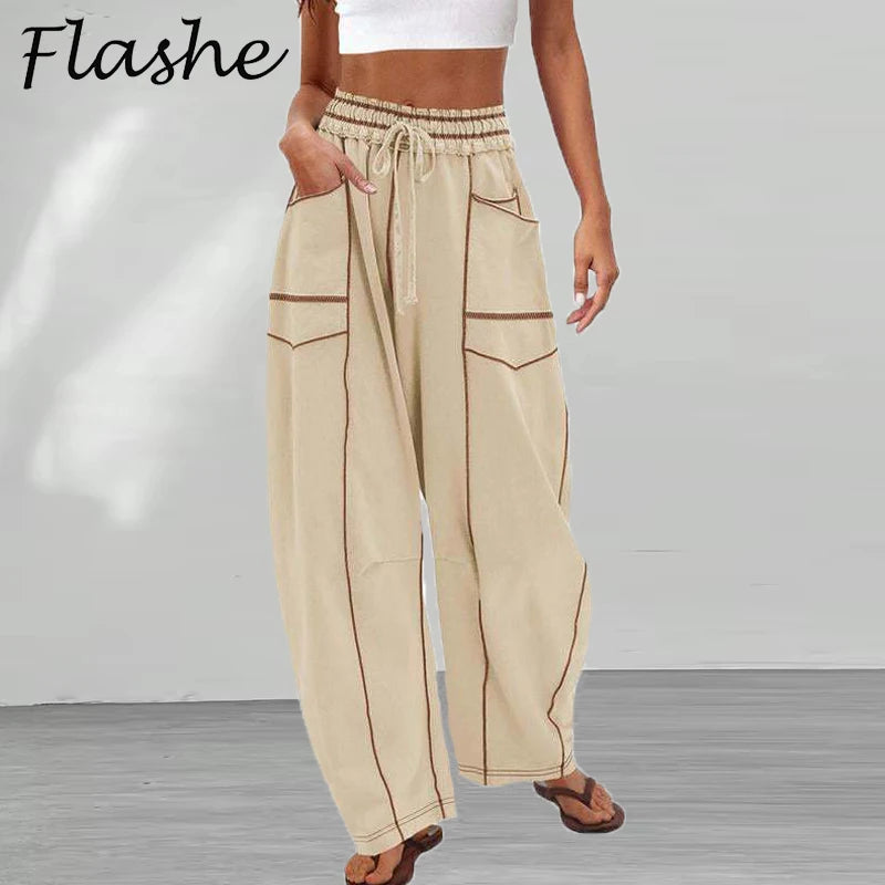 Fashion Women Casual Loose Wide Leg Pants Women Solid Color High Waist Drawstring Long Trousers Jogging Sportswear
