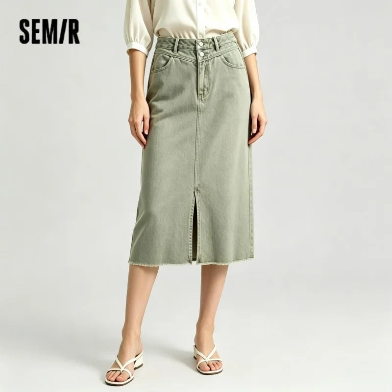 Semir Denim Skirt Women High-waisted Slit 2024 New Spring Straight Skirt