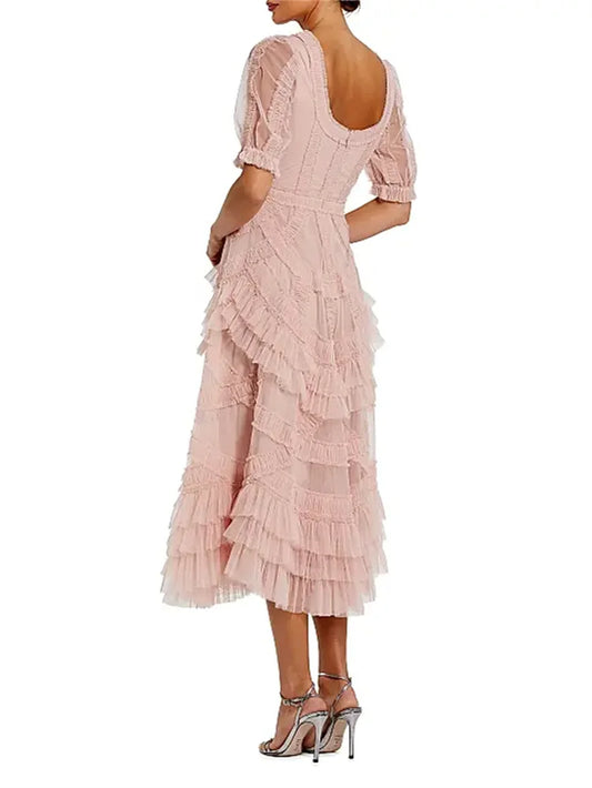 Women Evening Dress Elegant Round Neck Half Sleeve Pleated Formal Gowns Party Mesh Dresses Prom Formal Evening Gowns Celebration