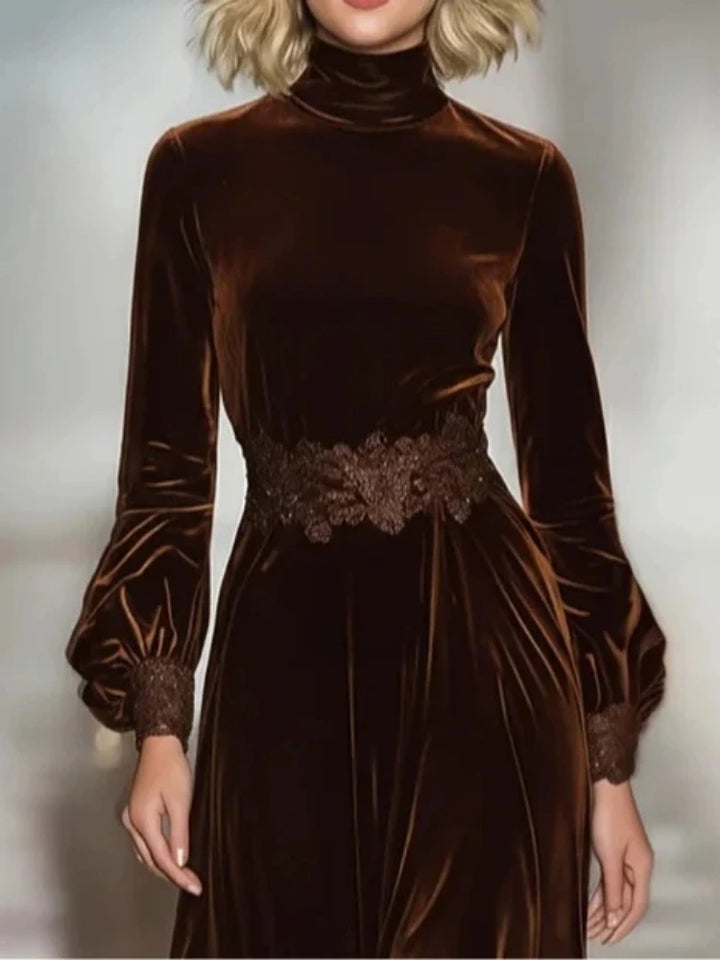 Elegant Velvet Dress for Women Spring Autumn Vintage Solid Turtleneck Lace Hem Long Dress High Waist A-line Evening Dresses