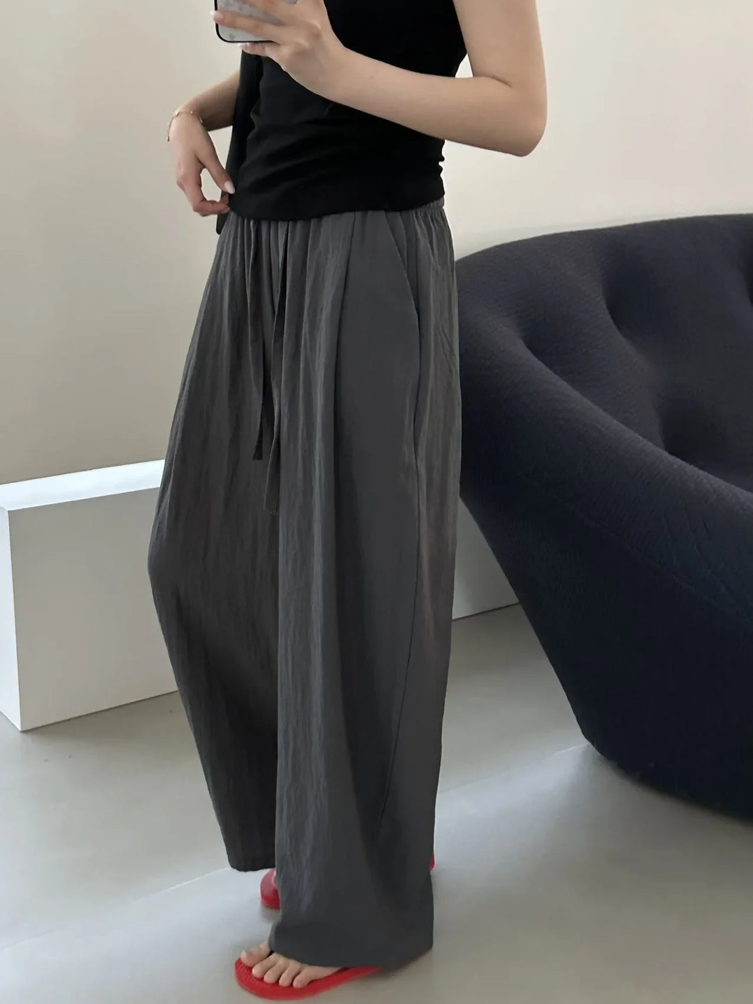 Linen Ice Silk Wide Leg Pants for Women Floor Length Curved Leg Casual with Safety Lining Fully Hemmed Trousers