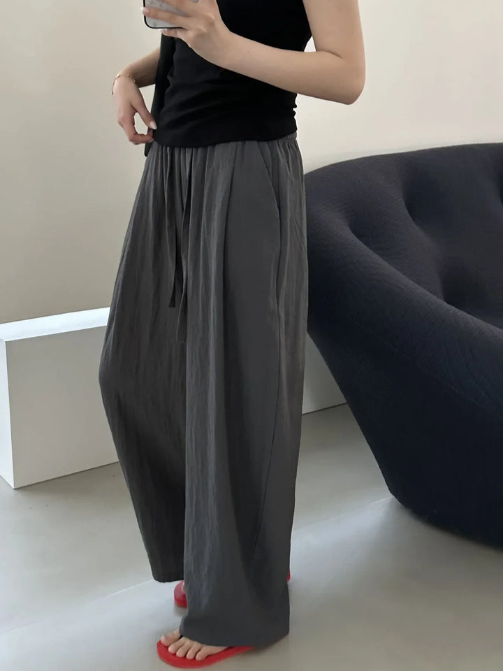 Linen Ice Silk Wide Leg Pants for Women Floor Length Curved Leg Casual with Safety Lining Fully Hemmed Trousers