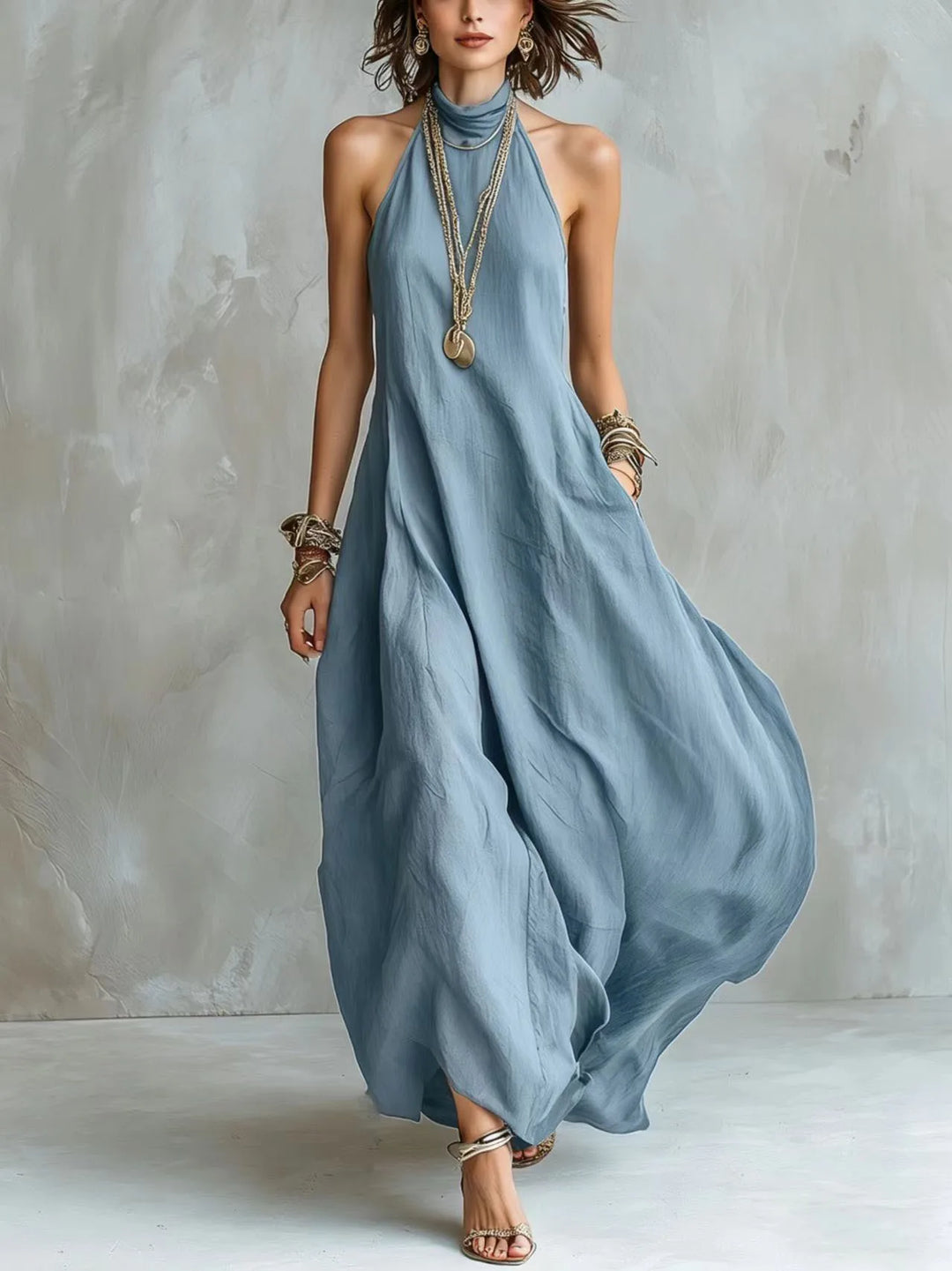 Bohemian Halter Neck Maxi Dress Sleeveless Loose Flowy Summer Dress for Women