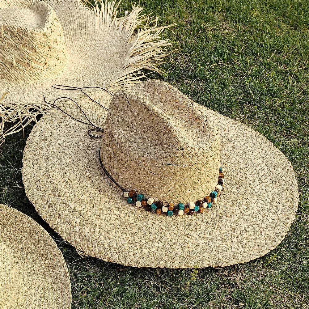 Large Brim Straw Hat Raffia Hand-woven Pattern Straw Hat Sun Protection Beach Sun Hat Women&