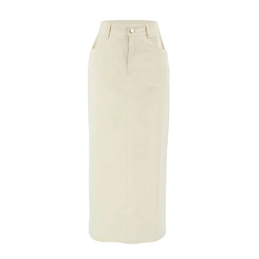Beige Straight Denim Skirt High Waist Utility Style Side Slit A-Line Mid Length French Vintage Skirt for Women Fall 2025