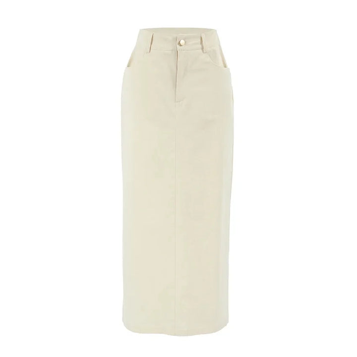 Beige Straight Denim Skirt High Waist Utility Style Side Slit A-Line Mid Length French Vintage Skirt for Women Fall 2025