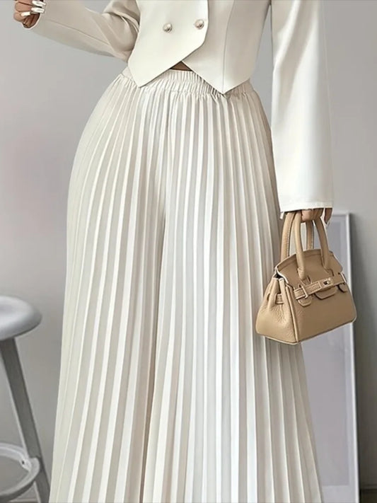 Missuoo Women‘s High Waist Elastic Waist Pleated Wide Leg Pants 2026 Summer Solid White Flowy Floor Length Palazzo Trousers