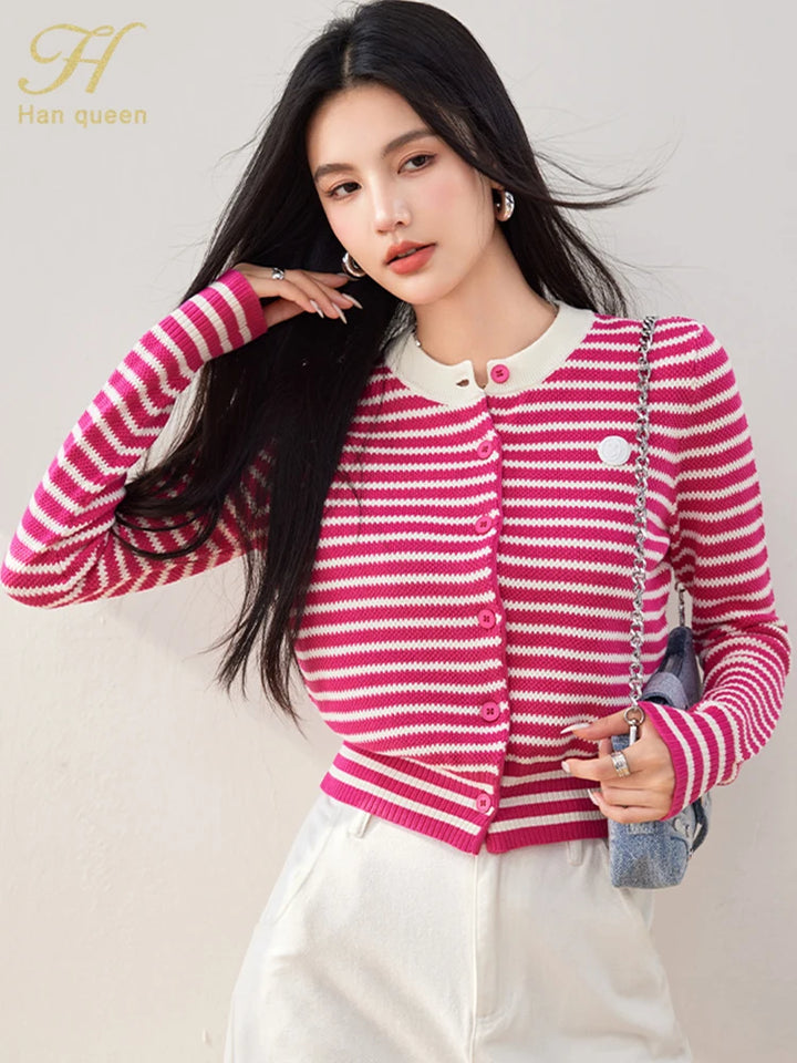 H Han Queen Korean Outerwears Autumn Winner Cardigan For Women Simple Stripes Long Sleeve Knitwear Loose Vintage Casual Sweaters