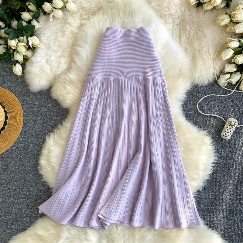 Women Ribbed Knit Pleated Midi Skirt Elastic High Waist A Line Flowy Long Skirt Korean Solid Color Casual Winter Knit Skirts