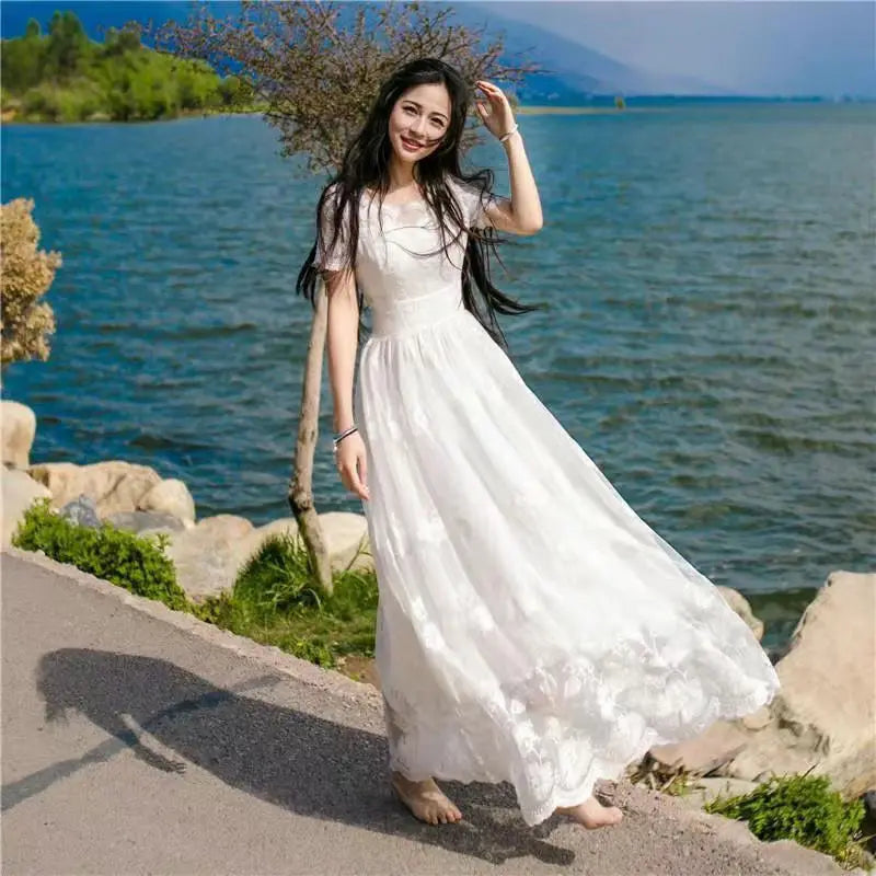 Female Dress Long White Embroidery Maxi Birthday Women&