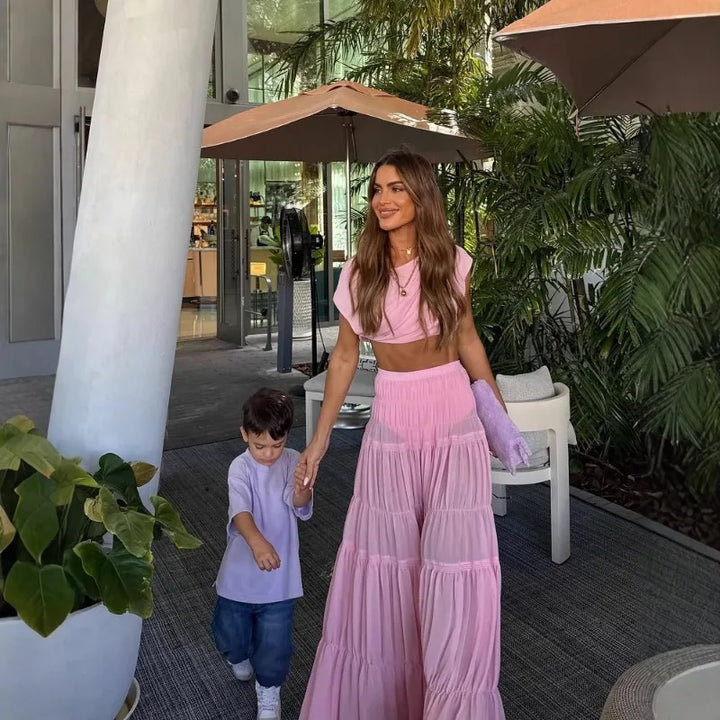 Summer Y2K Chic Pink Crop Top High Waist Layerred Ruffle Maxi Skirt with Shorts Set Outfits Elegant Women Skirt 3 Piece Set