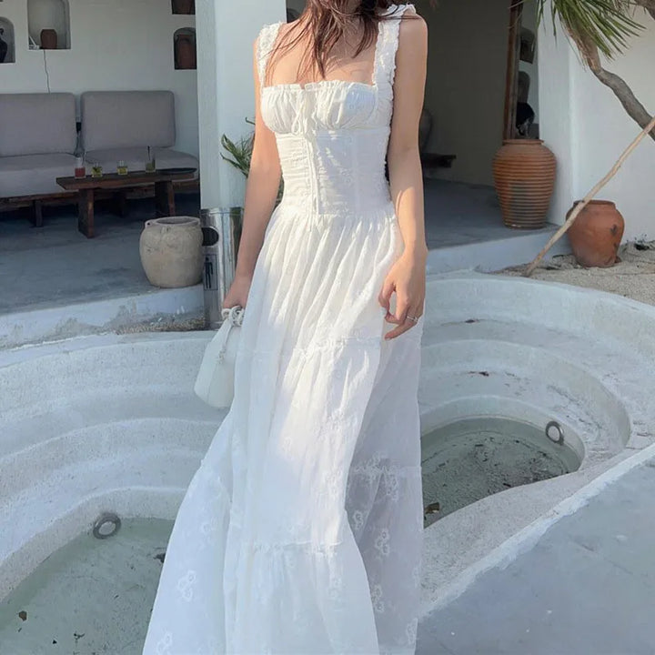 White Square Collar Maxi Dress for Women Fashion Ruffles Lace-Up High Waisted Long Dresses Summer Holiday Suspender Beach Dress