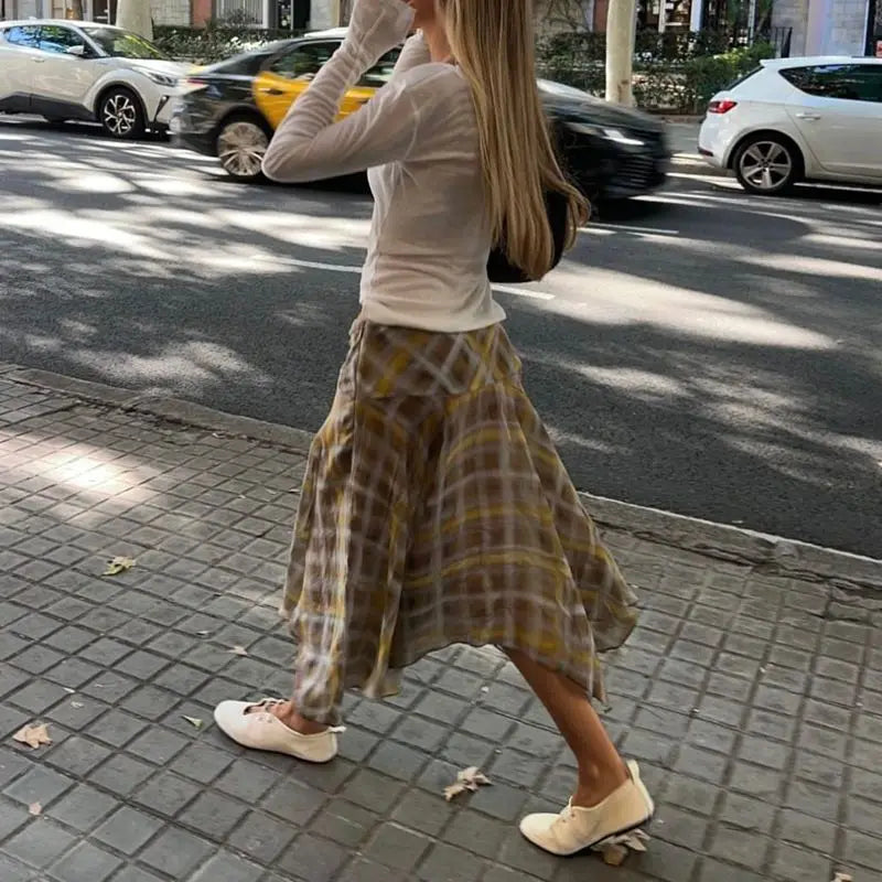 Summer Midi Skirts for Women Side Zipper Low Waist Y2k Vintage Graphic Tie-dye Plaid Print Irregular Ruffle Hem Skirt