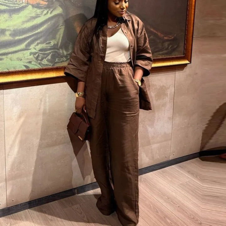Cotton Linen Pants Sets Women Spring Summer Loose Long Sleeve Shirt + Trousers Two Piece Outfit Casual Office Brown Ladies Suit