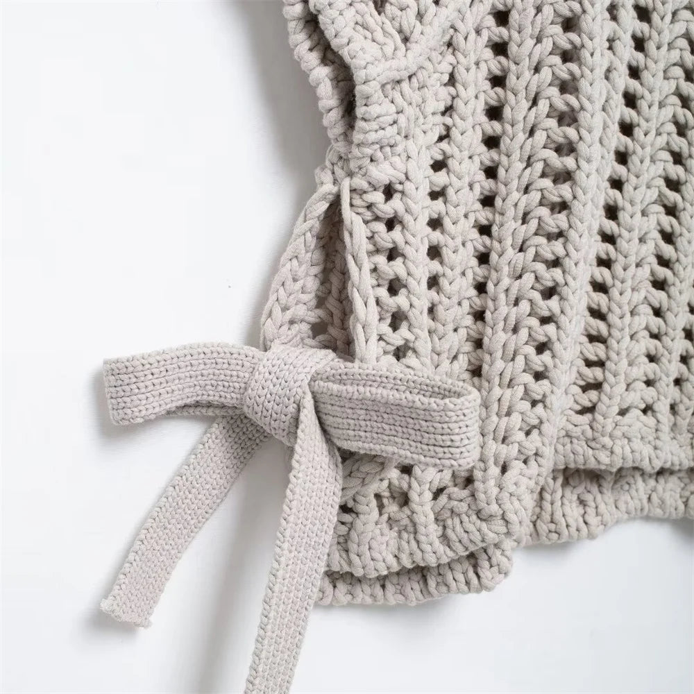 Hollow Out Knit Pullover Women Casual Round Neck Lace Up Bow Sweater Female Autumn Short Sleeves Solid Knitwears Lady