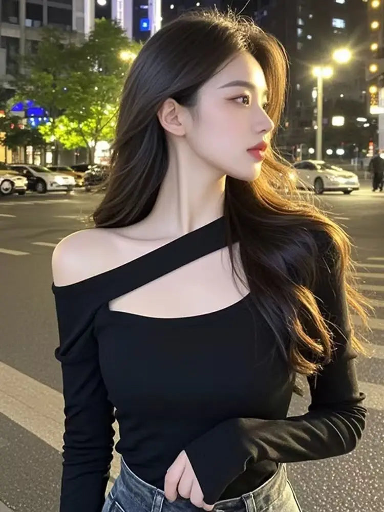 French Off-Shoulder Oblique Collar Long Sleeve Top Women Autumn New Fashion Slimming Versatile T-Shirt