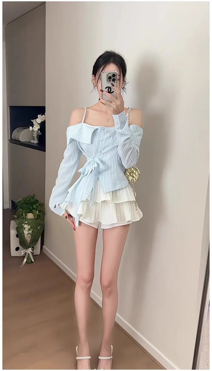 One-length Off-shoulder for Women in Spring Summer Irregular Waist-hugging Lace-up Top Trendy Pleated Skirt Suit