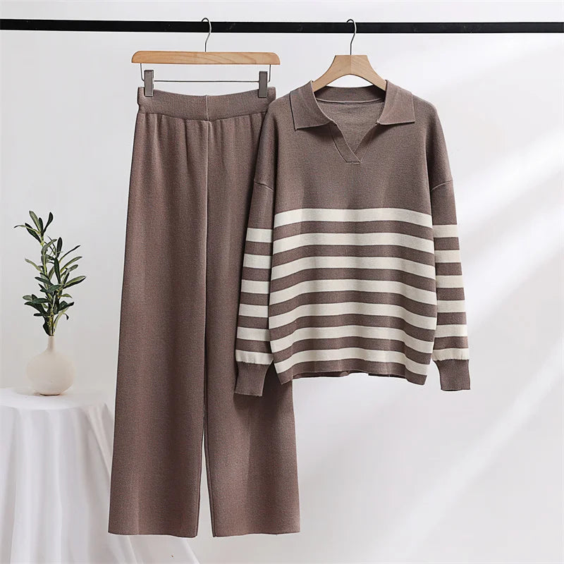 Casual Knit Tracksuit Women Two Piece Set 2 Piece Striped Sweater Matching Sets Loungewear Knitted Two Piece Sets For Women 2024