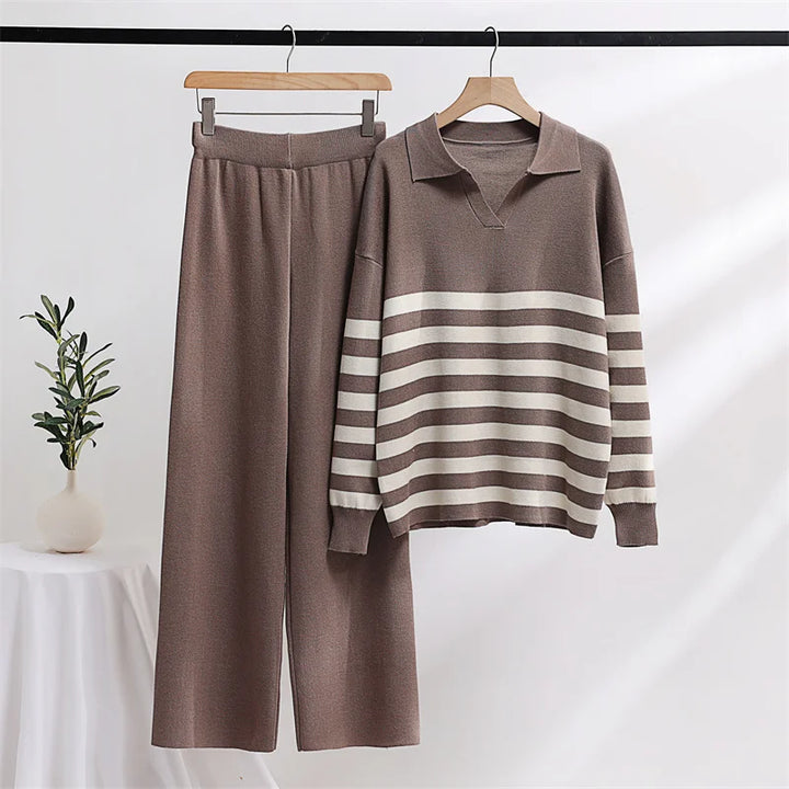 Casual Knit Tracksuit Women Two Piece Set 2 Piece Striped Sweater Matching Sets Loungewear Knitted Two Piece Sets For Women 2024