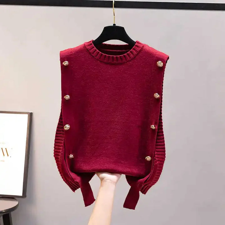 Black Knit Tops For Woman Red Winter Button Round O Neck Women&