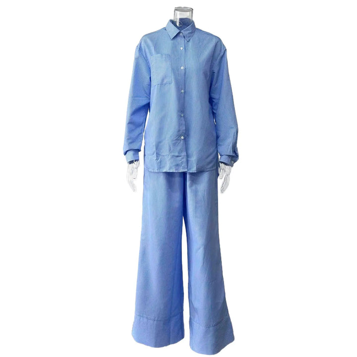 Women Striped Two Piece Outfit Loose Long Sleeve Shirt Drawstring Wide Leg Pants Set