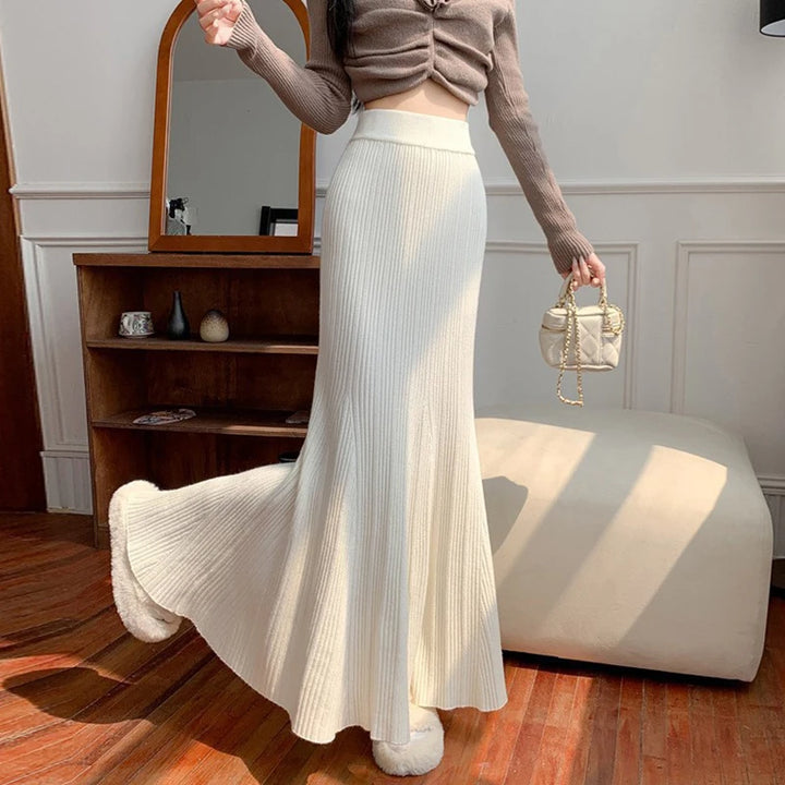 Sexy Hip-Wrapped Knitting Long Skirt for Women Elegant Elastic High Waist Mermaid Skirts Woman Pleated A Line Midi Skirt Ladies