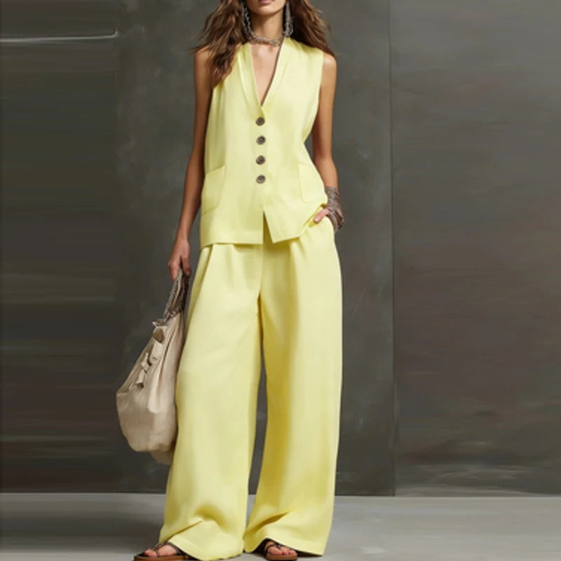 Women Linen Cotton Vest Pants Suit Women Casual Two Piece Set Office Ladies Summer 2 Piece Set Women Outfits