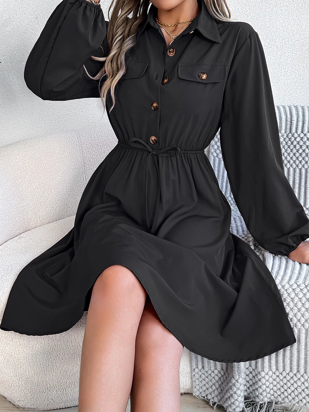 Autumn Winter Dresses for Women Casual Solid Color Button Tie Up Long Sleeved Shirt Dress Blue Green Black Red Woman Clothing