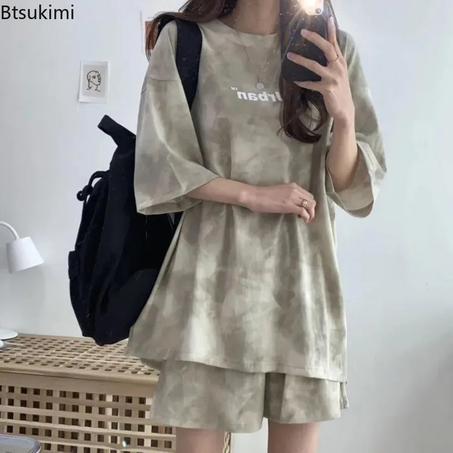 Women T-Shirt Shorts Suit Set Casual Tie Dye Loose Tshirt and Wide Leg Middle Shorts with Pockets Female Soft Summer Shorts Sets