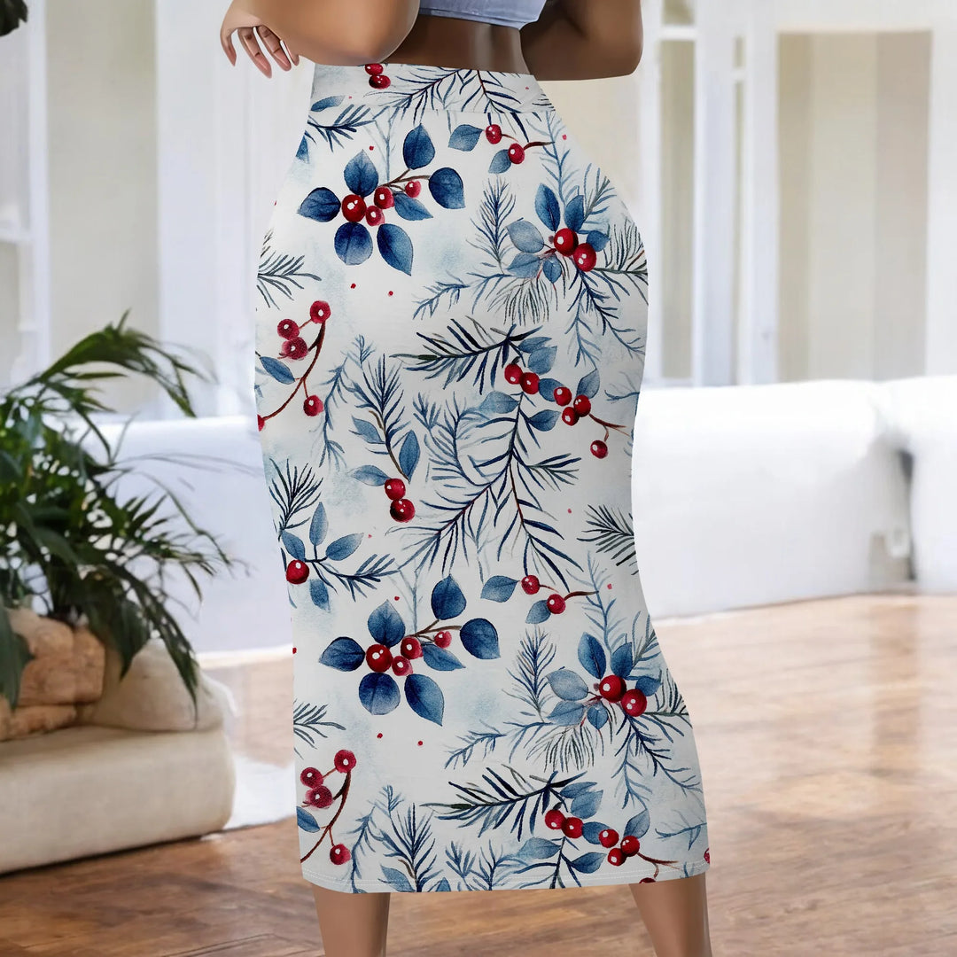 Floral Print Pencil Skirt, Red Berry Leaf Pattern Midi Skirt, High Waist Bodycon Skirt for Women Office Party Wear S-2XL