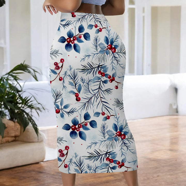 Floral Print Pencil Skirt, Red Berry Leaf Pattern Midi Skirt, High Waist Bodycon Skirt for Women Office Party Wear S-2XL