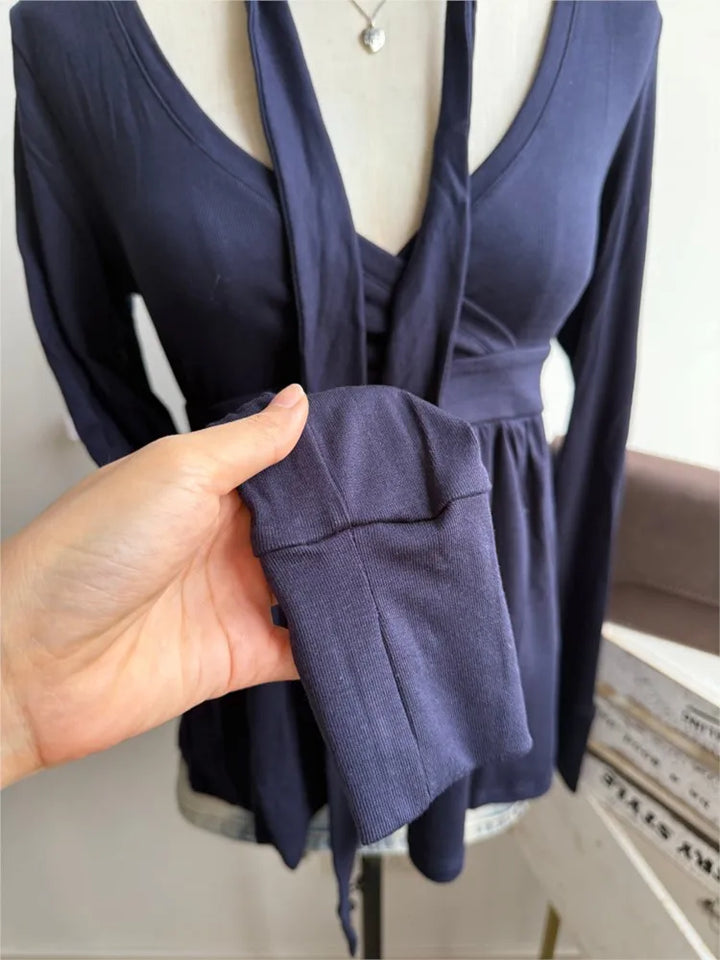 Navy V-neck Sexy Long Sleeve Tees Women Autumn New Streetwear Casual Lace-up Slim T-shirts Vintage Chic Sweet Babydoll Tops Y2K
