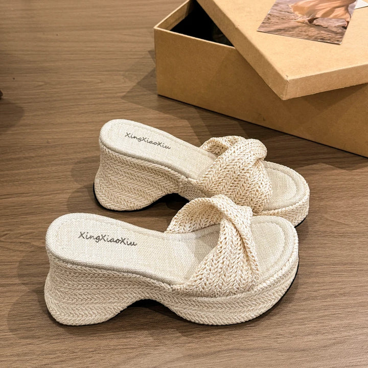 Summer Women Straw Woven Platform Slippers Fashion Bohemian Wedges Heel Slides Open Toe Ladies Elegant Party Dress Sandalias