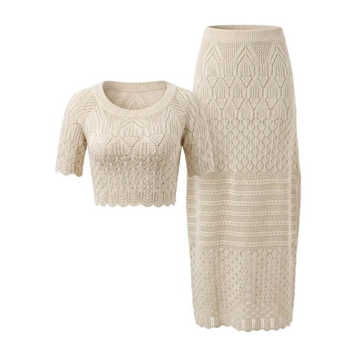 2026 Crochet Knit 2 Piece Set  for Women, Off Shoulder  Crop Top + Hollow Out  Maxi Skirt Beachwear