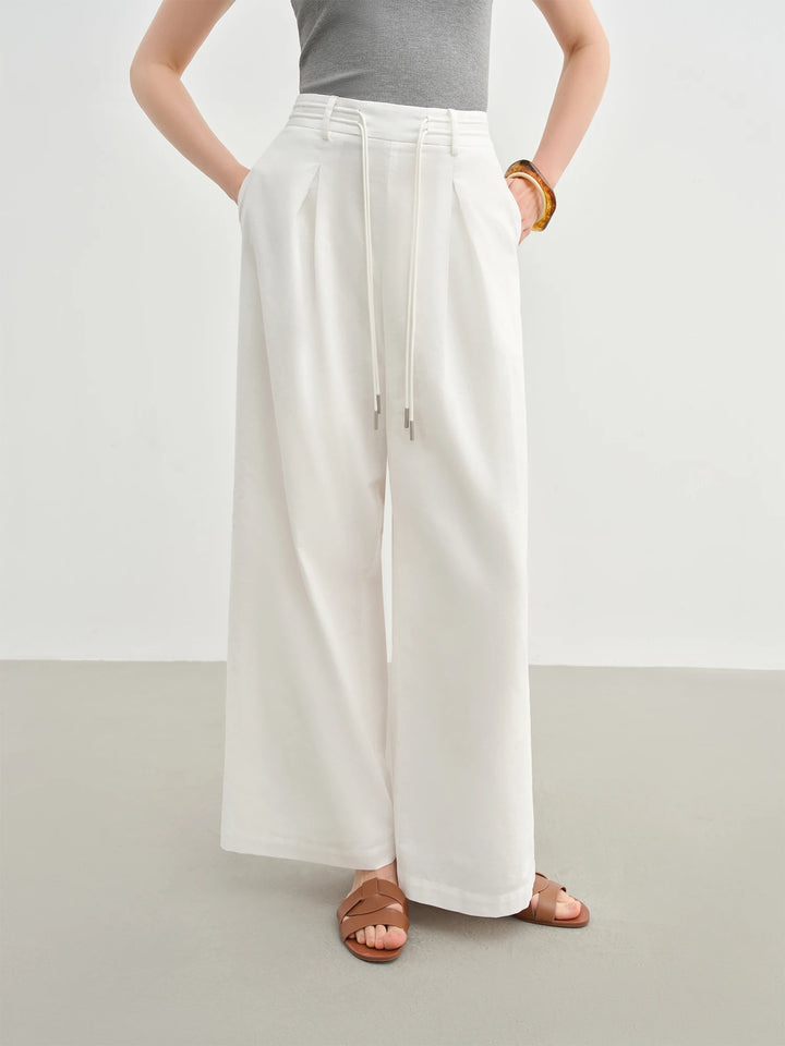 DUSHU Women Linen Drawstring Wide-leg Pants 2025 Summer New Cotton Knitted Drape Loose High Waist Slim Casual Pants 25DS82737