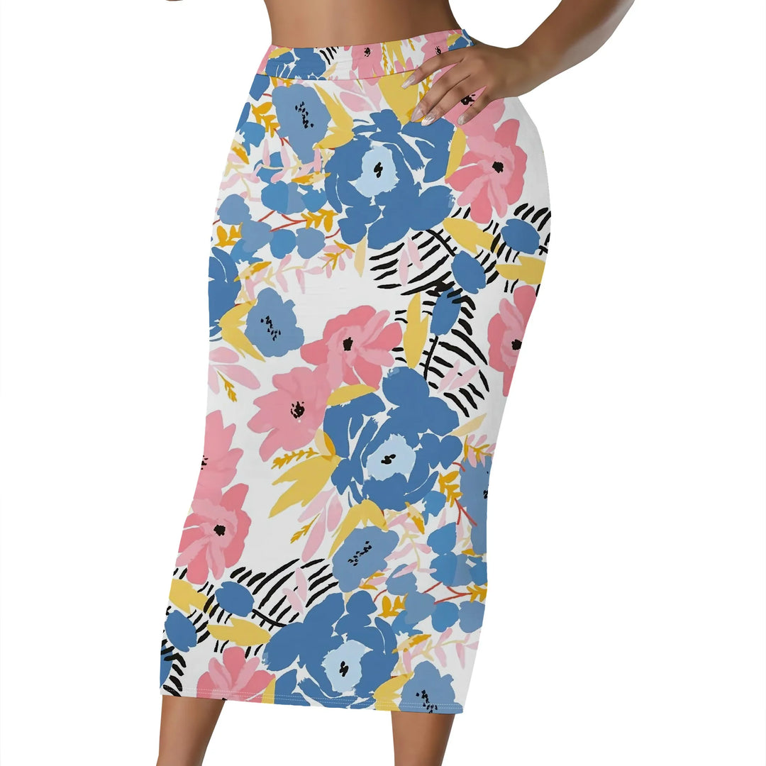 Floral Print Pencil Skirt, Red Berry Leaf Pattern Midi Skirt, High Waist Bodycon Skirt for Women Office Party Wear S-2XL