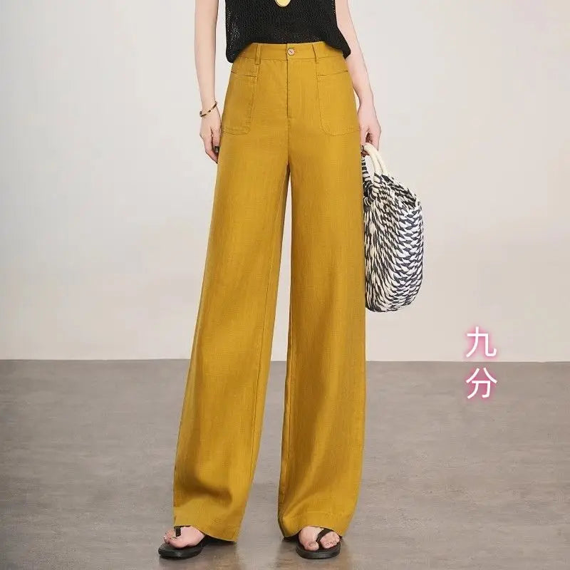 Linen Narrow Straight Leg Pants Women Summer Loose High Waist Casual Wide Leg Cropped Trousers