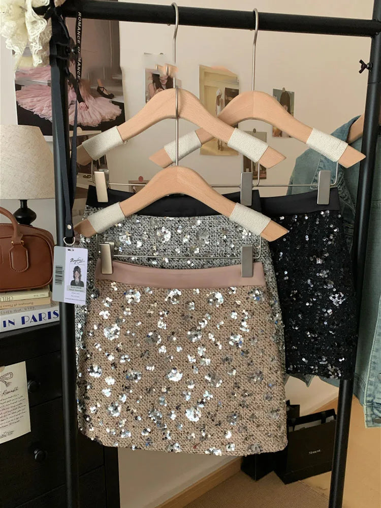 Sequined midi skirt for women in spring high waisted A-line skirt high-end design niche temperament hip hugging short skirt