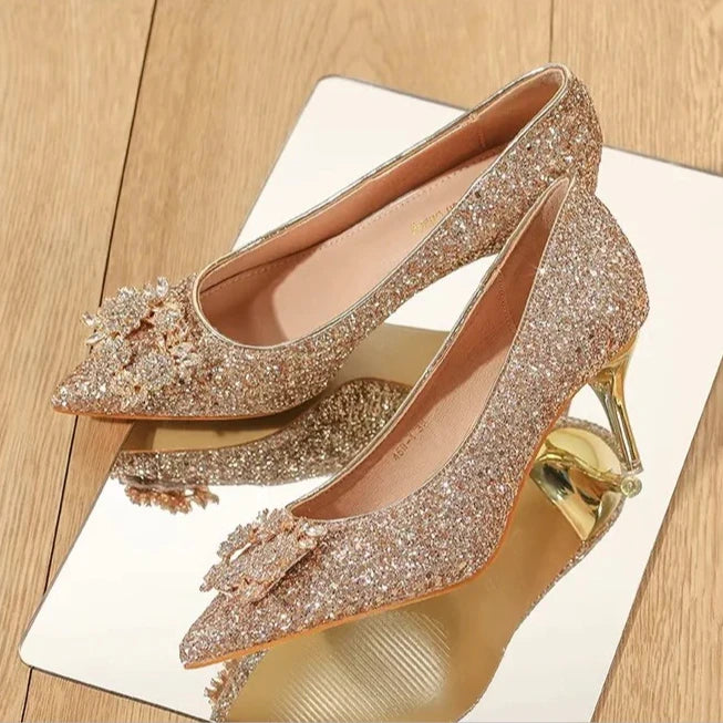 Womens High Heel Shoes Fad Elegant Crystal Pointed Toe Pumps Retro Shallow Mouth Banquet Party Wedding Women Shoes Zapatos Mujer