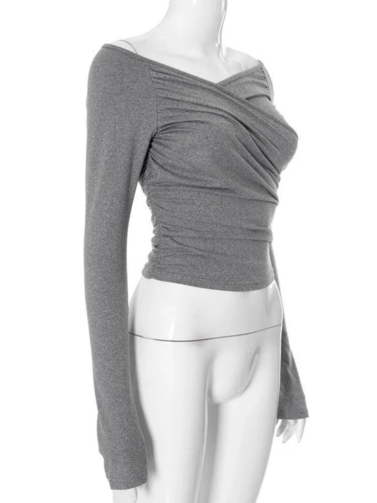 V-neck Tshirt Long Sleeve Crop Top Women T Shirt Folds Y2k Top Crossover Feminist Clothes Slim Fit Ropa De Mujer Solid Camisetas
