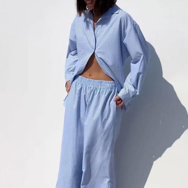 Women Striped Two Piece Outfit Loose Long Sleeve Shirt Drawstring Wide Leg Pants Set