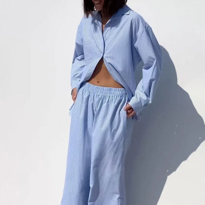 Women Striped Two Piece Outfit Loose Long Sleeve Shirt Drawstring Wide Leg Pants Set