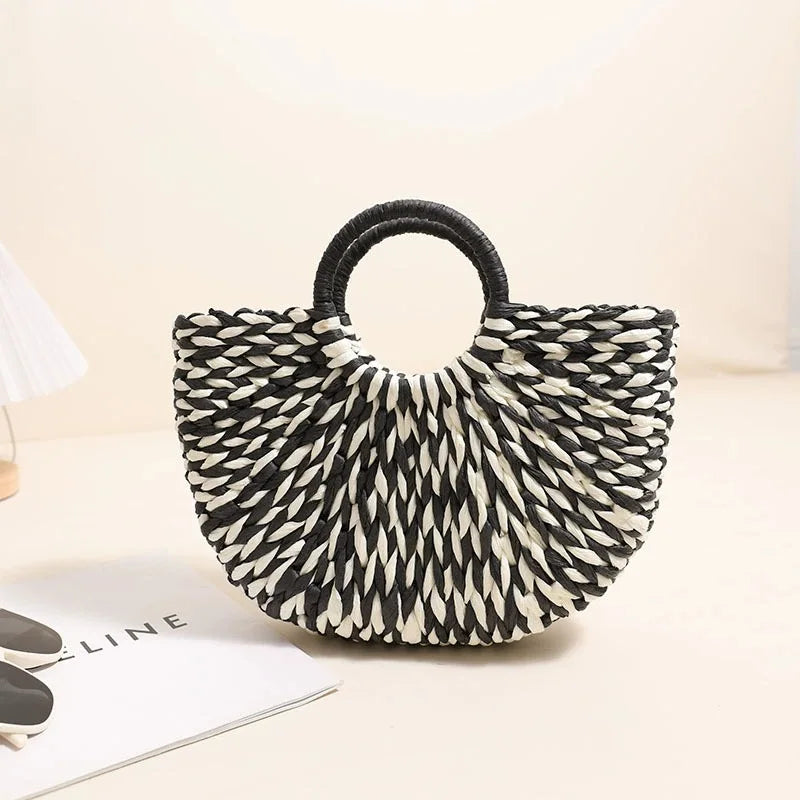 TOPHIGH Women Straw Tote Bag Large Capacity Luxury Designer Woven Bag Color Clash Semicircle Weaving Bag Summer Beach Handbag