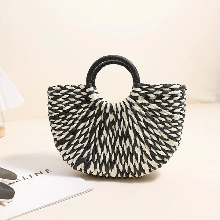 TOPHIGH Women Straw Tote Bag Large Capacity Luxury Designer Woven Bag Color Clash Semicircle Weaving Bag Summer Beach Handbag