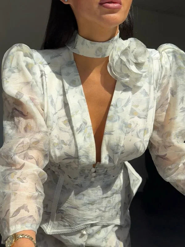 Fashion Floral Printed Maxi Dress Chic Deep V Neck Puff Sleeve Peplum Slit Dresses 2026 Summer Wedding Cocktail Party Women Gown