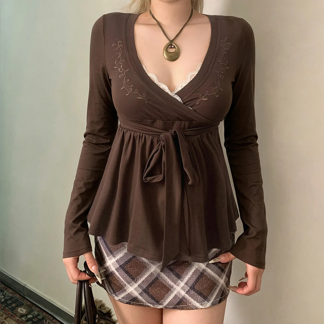 Navy V-neck Sexy Long Sleeve Tees Women Autumn New Streetwear Casual Lace-up Slim T-shirts Vintage Chic Sweet Babydoll Tops Y2K