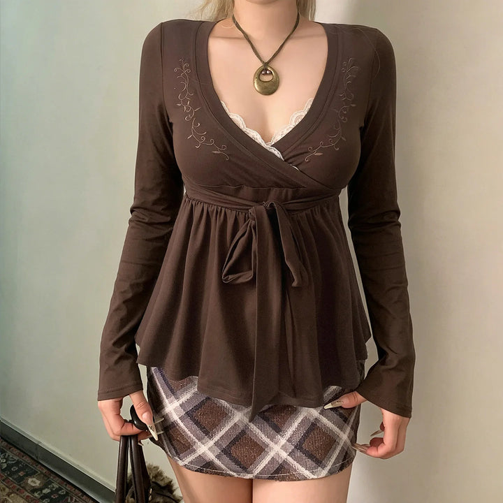 Navy V-neck Sexy Long Sleeve Tees Women Autumn New Streetwear Casual Lace-up Slim T-shirts Vintage Chic Sweet Babydoll Tops Y2K