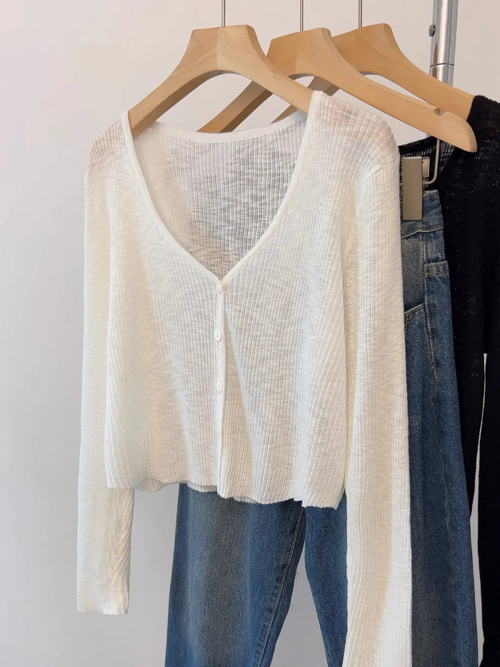 Women Outerwear Air Conditioner Shawl Single-breasted Short Tops 2026 Summer Blue V-Neck Thin Sunscreen Knit Cardigan