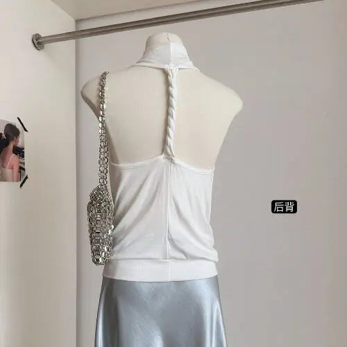 Cowl Neck Elegant Summer Women Top Sleeveless Halter Neck Tank Top Laced Ice Silk Knit Backless Sexy Basic Tees Blouse