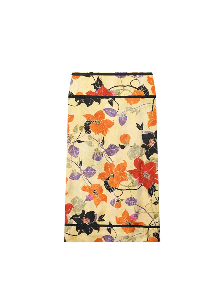 Elegant Satin Print Midi Skirt For Women High Waist Split Straight Skirt 2026 Summer New Chic Slim Fit Leisure Female Streetwear